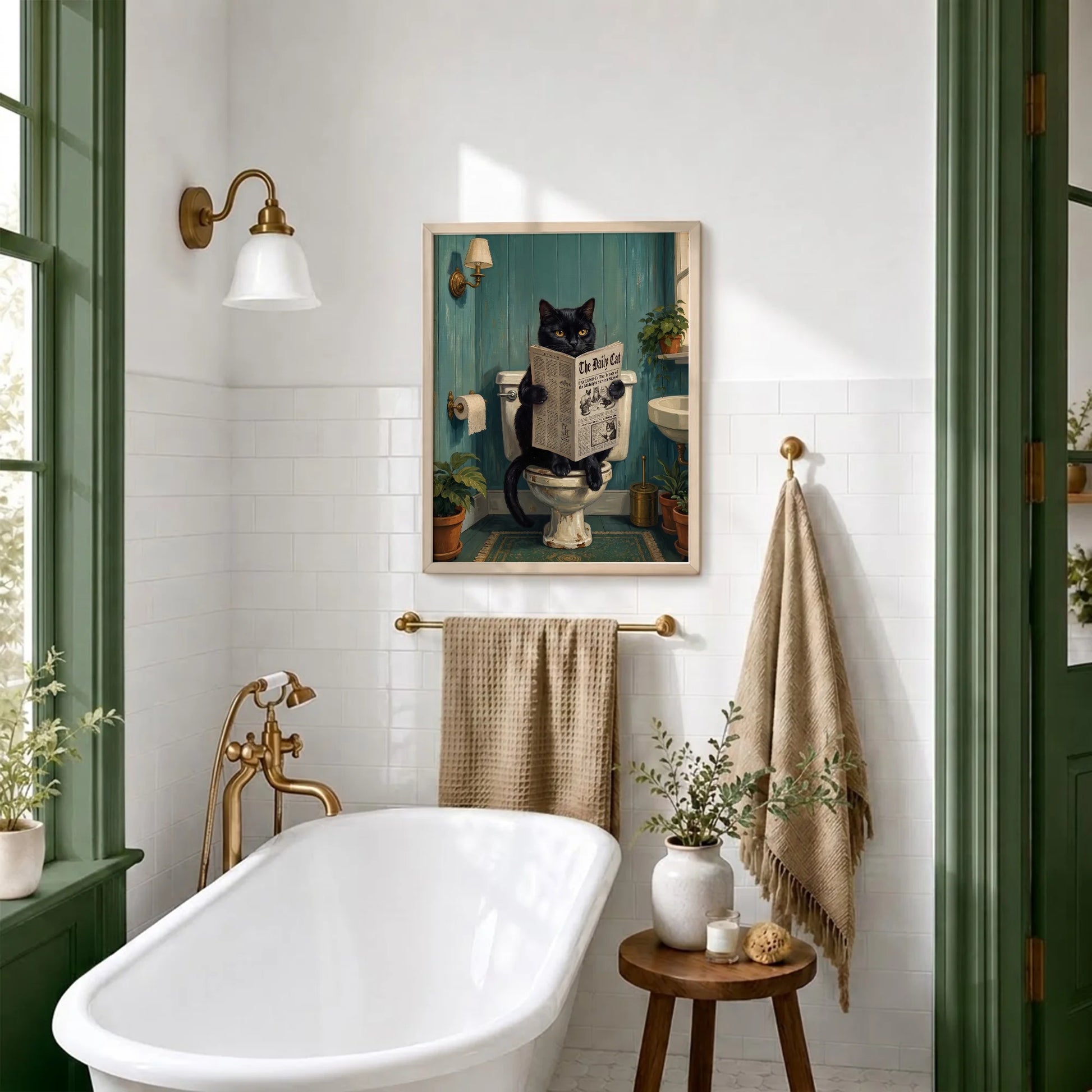 Funny Black Cat Reading Newspaper In Toilet - Funny Canvas Wall Art - 5