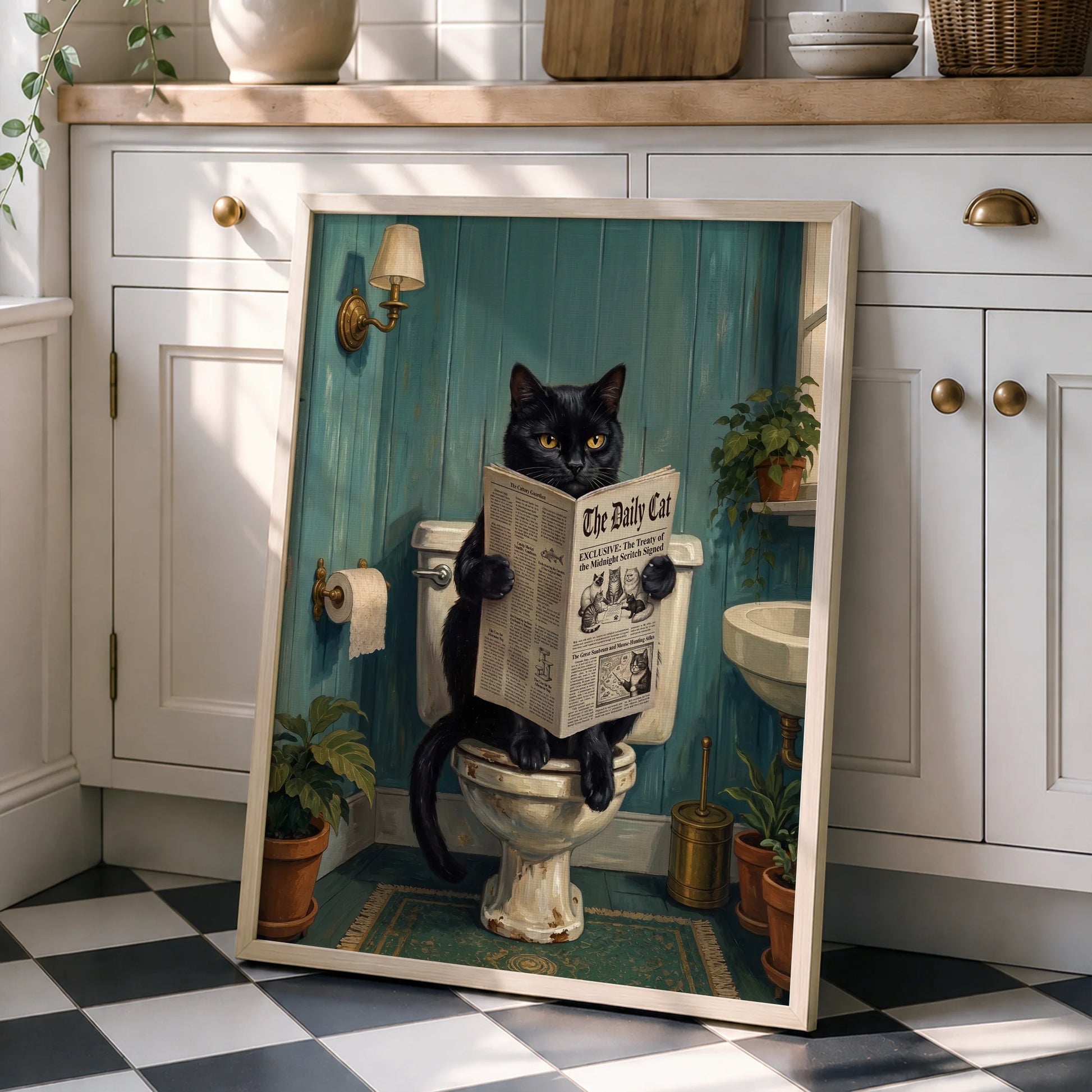 Funny Black Cat Reading Newspaper In Toilet - Funny Canvas Wall Art - 7