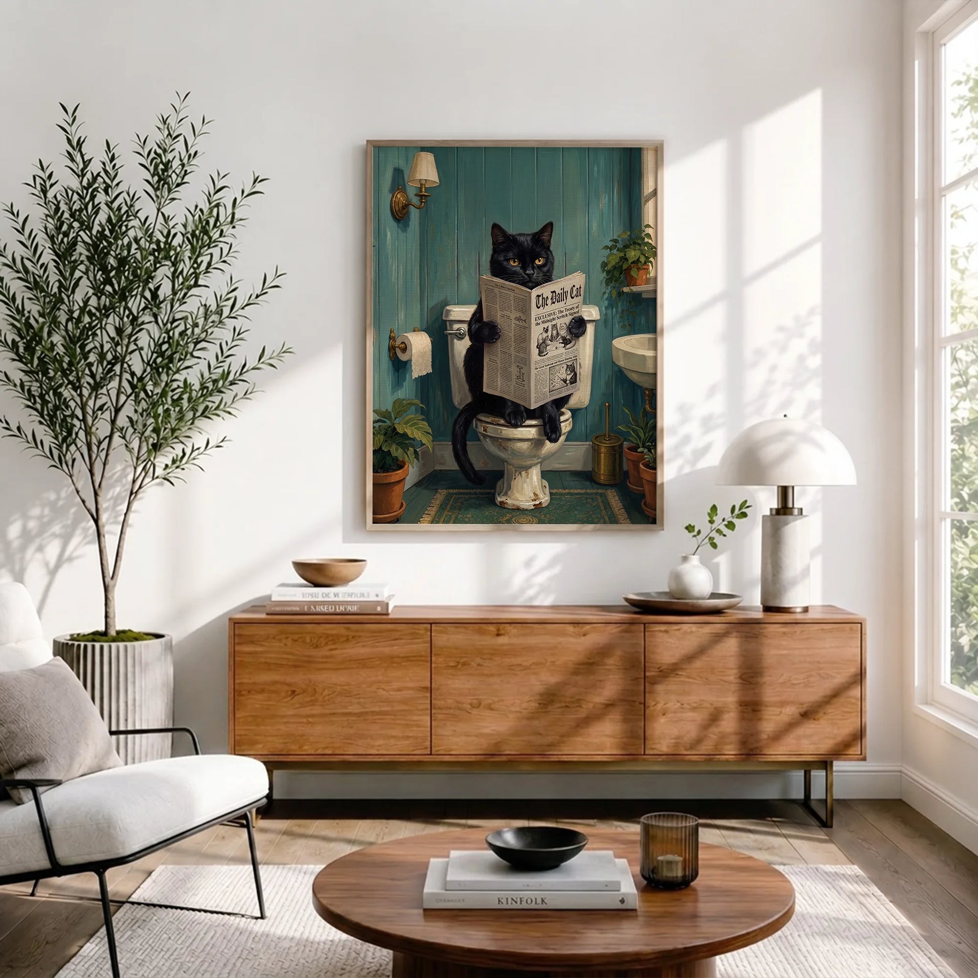 Funny Black Cat Reading Newspaper In Toilet - Funny Canvas Wall Art - 8