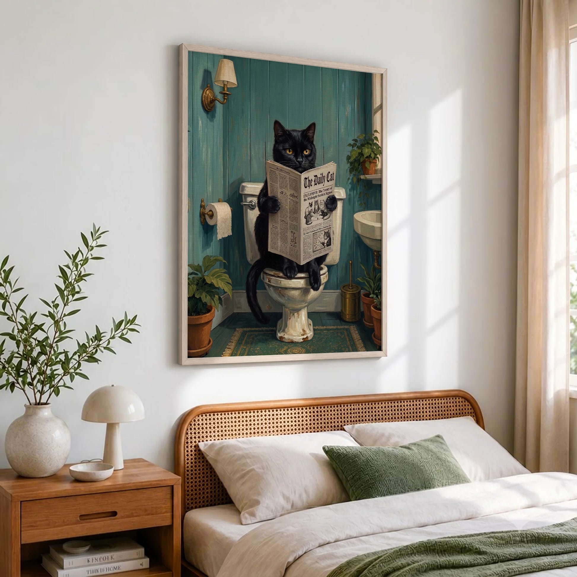 Funny Black Cat Reading Newspaper In Toilet - Funny Canvas Wall Art - 9